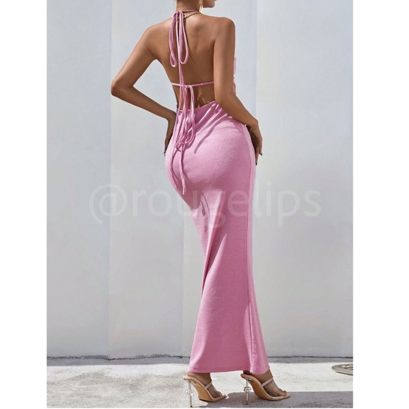 Glitter Lurex Pink Cowl Neck Backless Tie Straps Maxi Long Dress - Picture 3 of 10